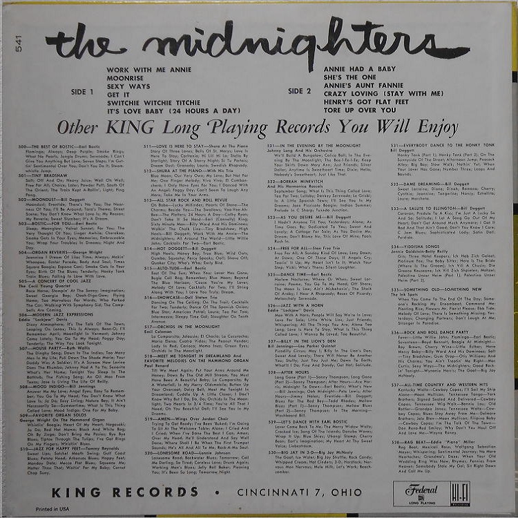 Federal 541 - The Midnighters Their Greatest Hits Back Cover