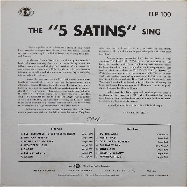 ELP-100 - The Five Satins Sing Back Cover