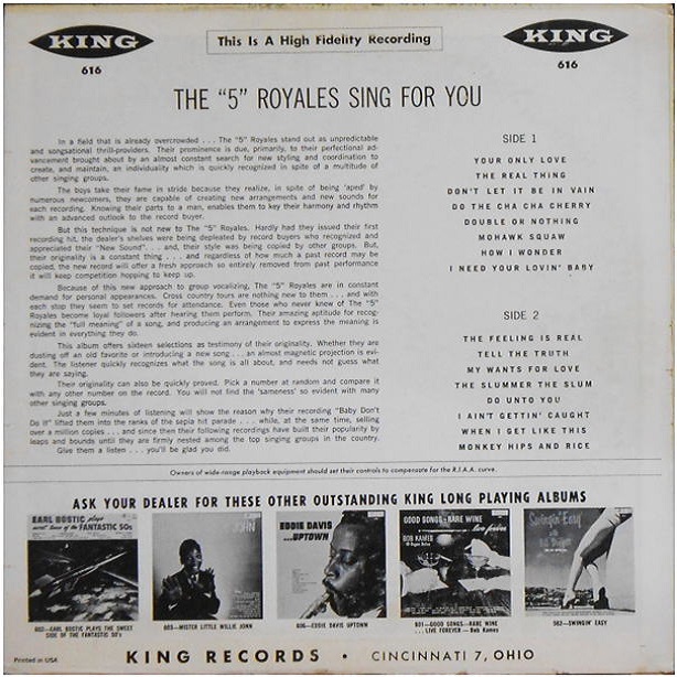 King 616 - The 5 Royales Sing For You Back Cover